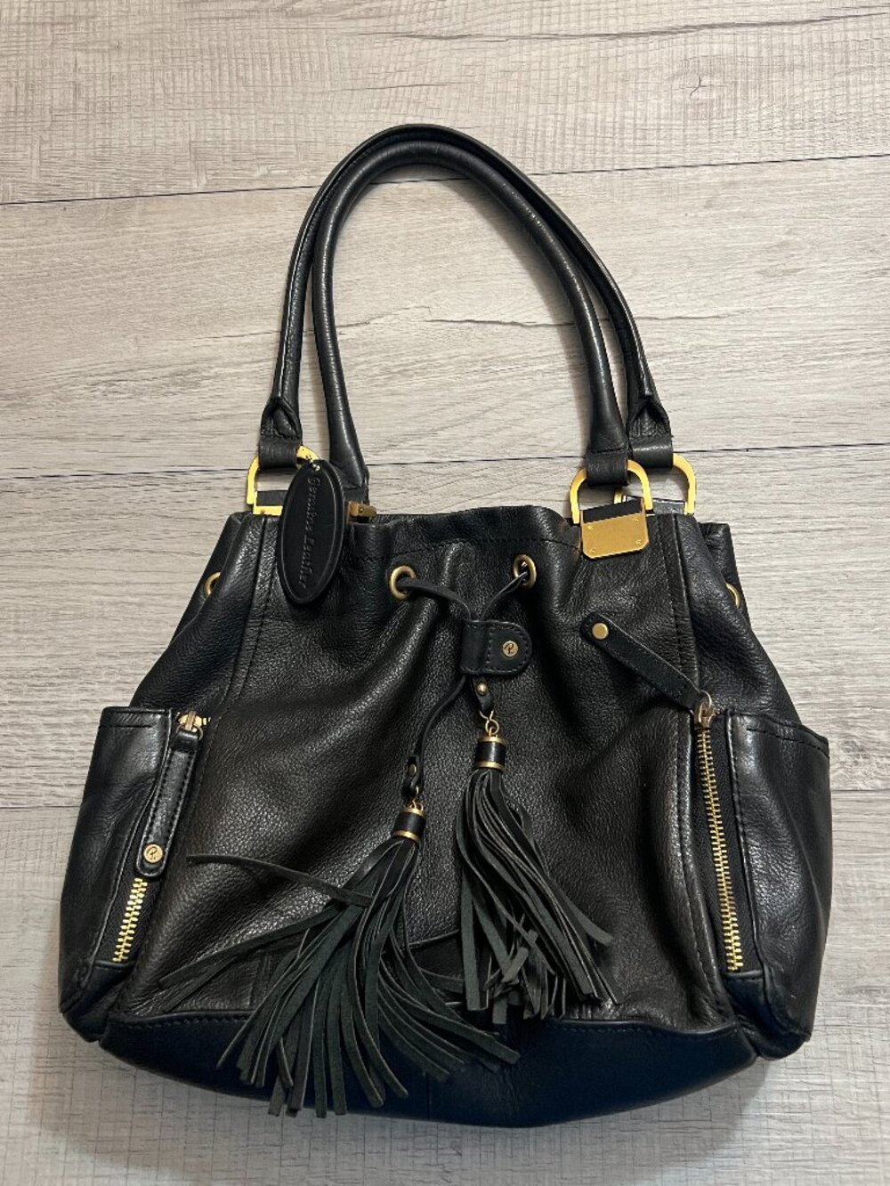 Pelle Studio Black Leather Fringe Tassel Bucket Hobo Bag Boho Y2K Drawstring